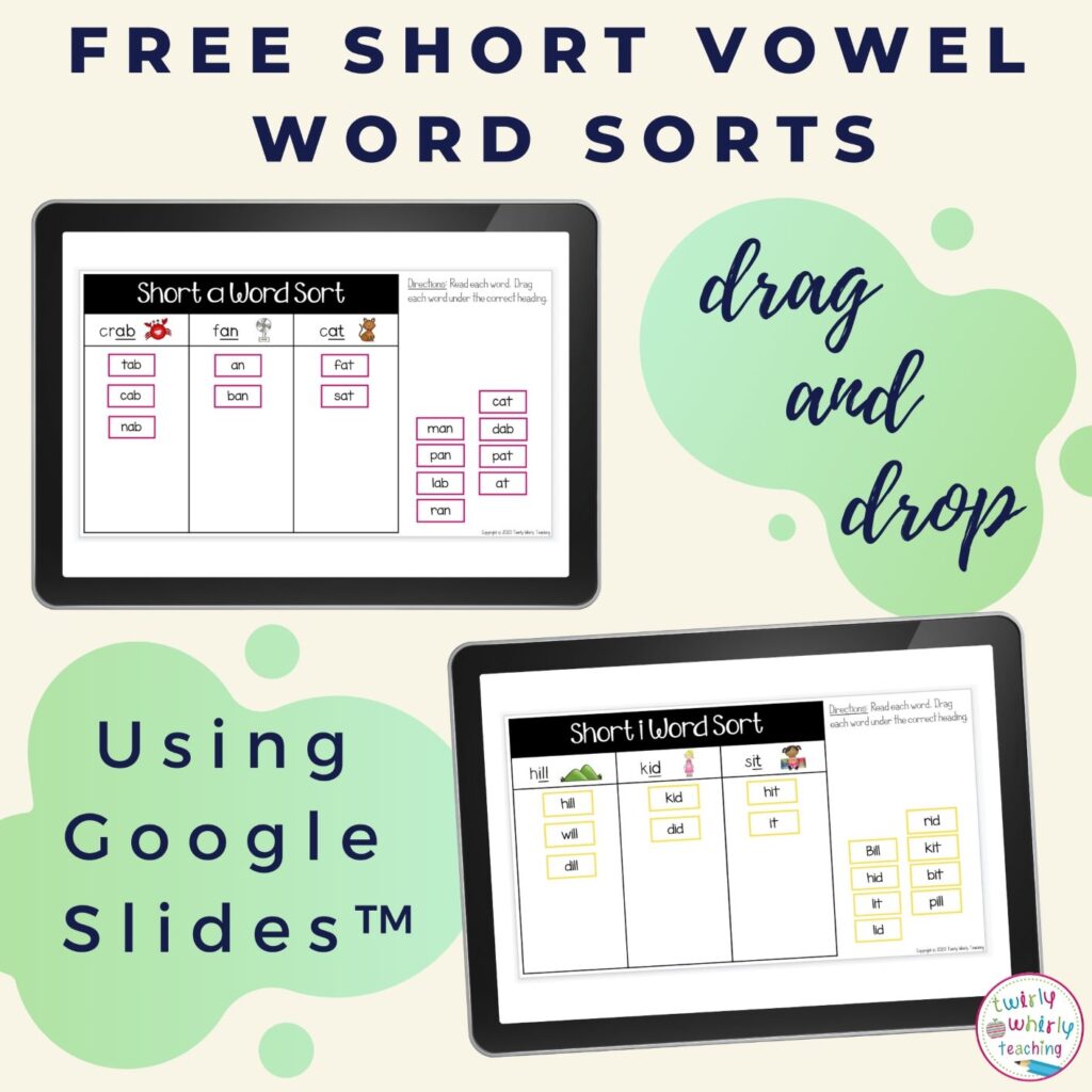 free, digital word sorts, short vowel sounds, google slides
