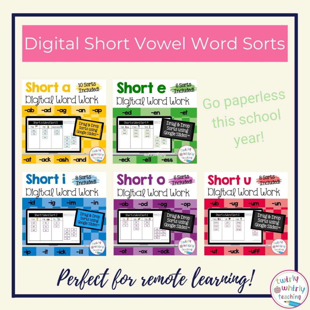 short vowel digital word sorts, digital resources, remote learning, virtual learning, phonics, short vowel word sorts