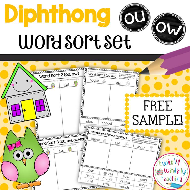 Diphthong Word Sort, ow, ou, Twirly Whirly Teaching