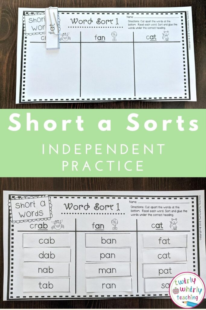 short a word sorts, independent practice