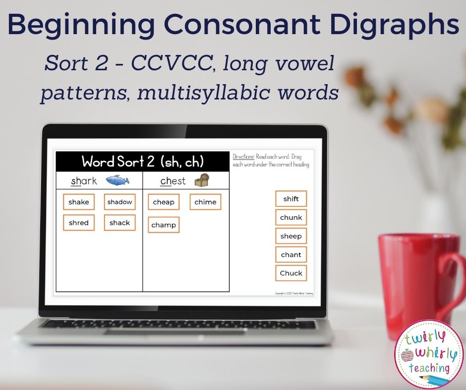 Digital beginning consonant digraph word sorts, google slides, twirly whirly teaching