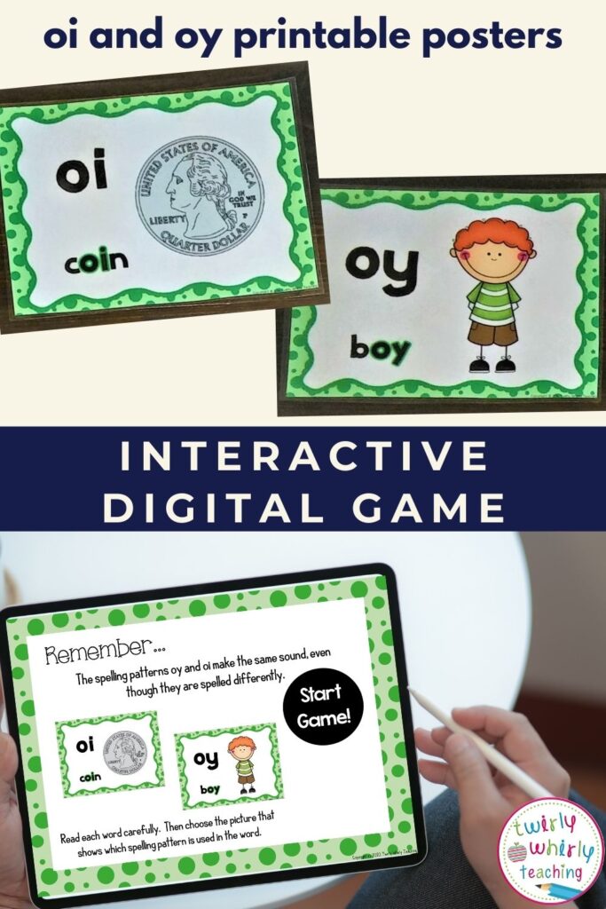 diphthong oi, diphthong oy, oi and oy posters, diphthong oi and oy interactive digital game, twirly whirly teaching