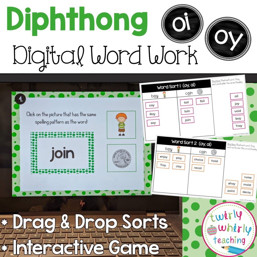 diphthong oi, diphthong oy,  diphthong oi and oy interactive digital game, twirly whirly teaching